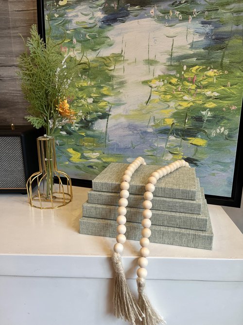 Linen Covered Decorative Books 4 Pieces, Neutral Home Decor Coffee Table Books with Wooden Beaded Tassel, Stacked Books for Rustic Farmhouse Modern, Boho, Bookshelf, Fireplace Mantel Décor, Sage