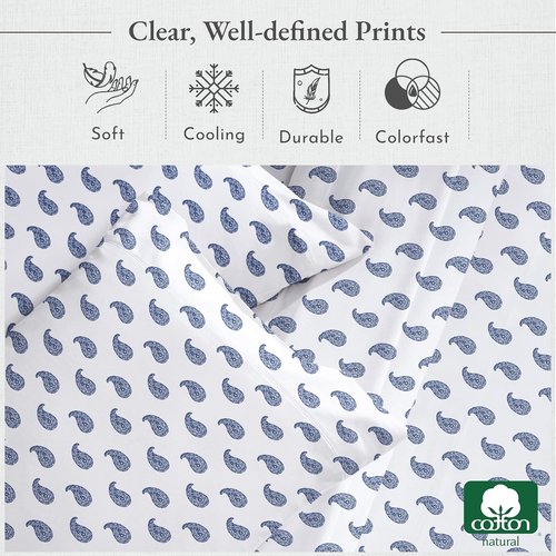 California Design Den Full Size Bed Sheets Set - 400 Thread Count Sateen, 100% Cotton, Deep Pocket - Paisley Blue