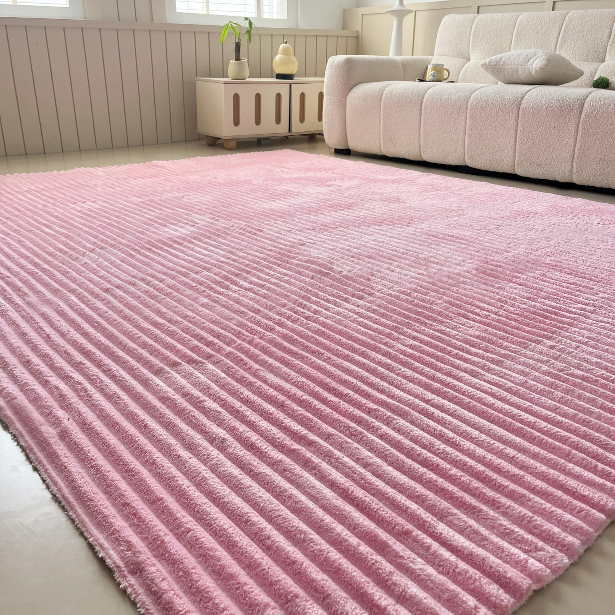 Light Pink Faux Fur Striped Plush Area Rug for Bedroom Living Room Sofa,8'x10' Fluffy Shaggy Rectangular Square Rug for Kids Teen Girls Room,Furry Carpet Rug for Nursery Baby Room
