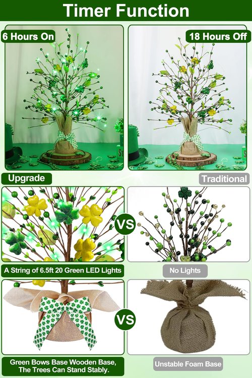 2 Pack 21 Inch St. Patrick's Day Decorations Lighted St. Patricks Day Trees Tabletop Battery Operated Shamrocks Shaped Berries Artificial Tree Irish Decorations Home Table Bedroom Indoor Party Decor