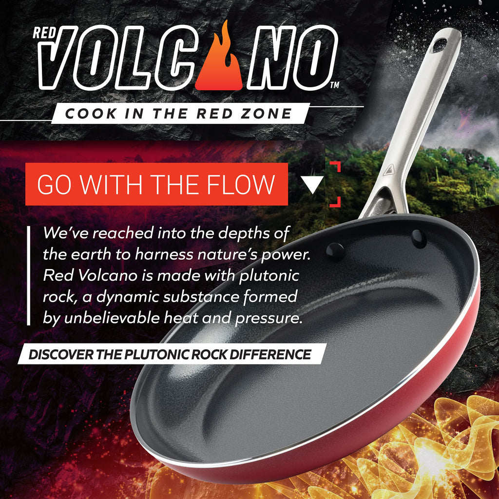 Red Volcano Textured Ceramic Nonstick, 10 Piece Cookware Pots and Pans Set with Stainless Steel Handles, PFAS PFOA & PTFE Free, Dishwasher Safe, Oven & Broiler Safe to 600 Degrees, Red