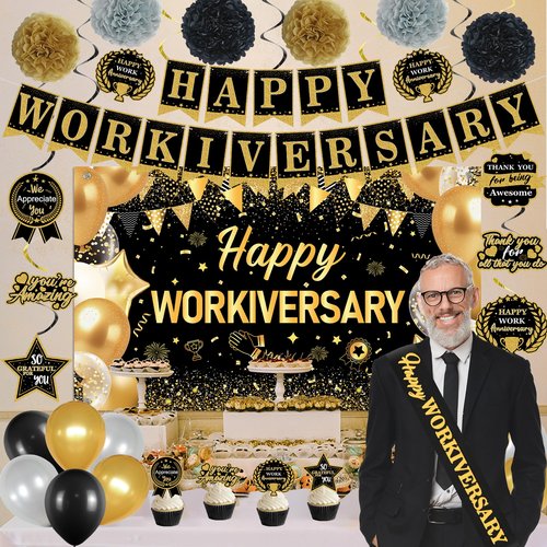 DARUNAXY Happy Workiversary Party Decorations for Men Women, Black Gold Happy Work Anniversary Banner Cake Topper Hanging Swirl Confetti Balloons Decor Set for Employee Office Party Supplies(31PC)