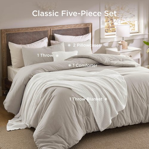 Bedsure 5 Pieces Cotton Comforter Set with Waffle Throw Blanket - Soft Breathable Bedding Set for All Seasons, Beige Queen Comforter, Pillow Shams, White 100% Cotton Blanket, Throw Pillow