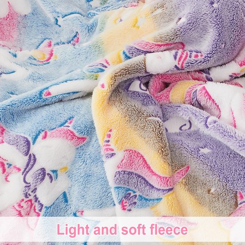Softan Kids Snuggies Wearable Fleece Blanket with Sleeves & Foot Pocket for Kids Girls Boys, Lightweight Soft Blanket,Glow in the dark Rainbow Unicorn