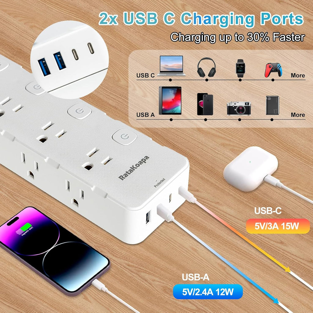 Skiennix 10 Ft Surge Protector Power Strip - 8 AC Outlets & 4 USB Ports with Individual Switches | Flat Plug Extension Cord for Home & Office