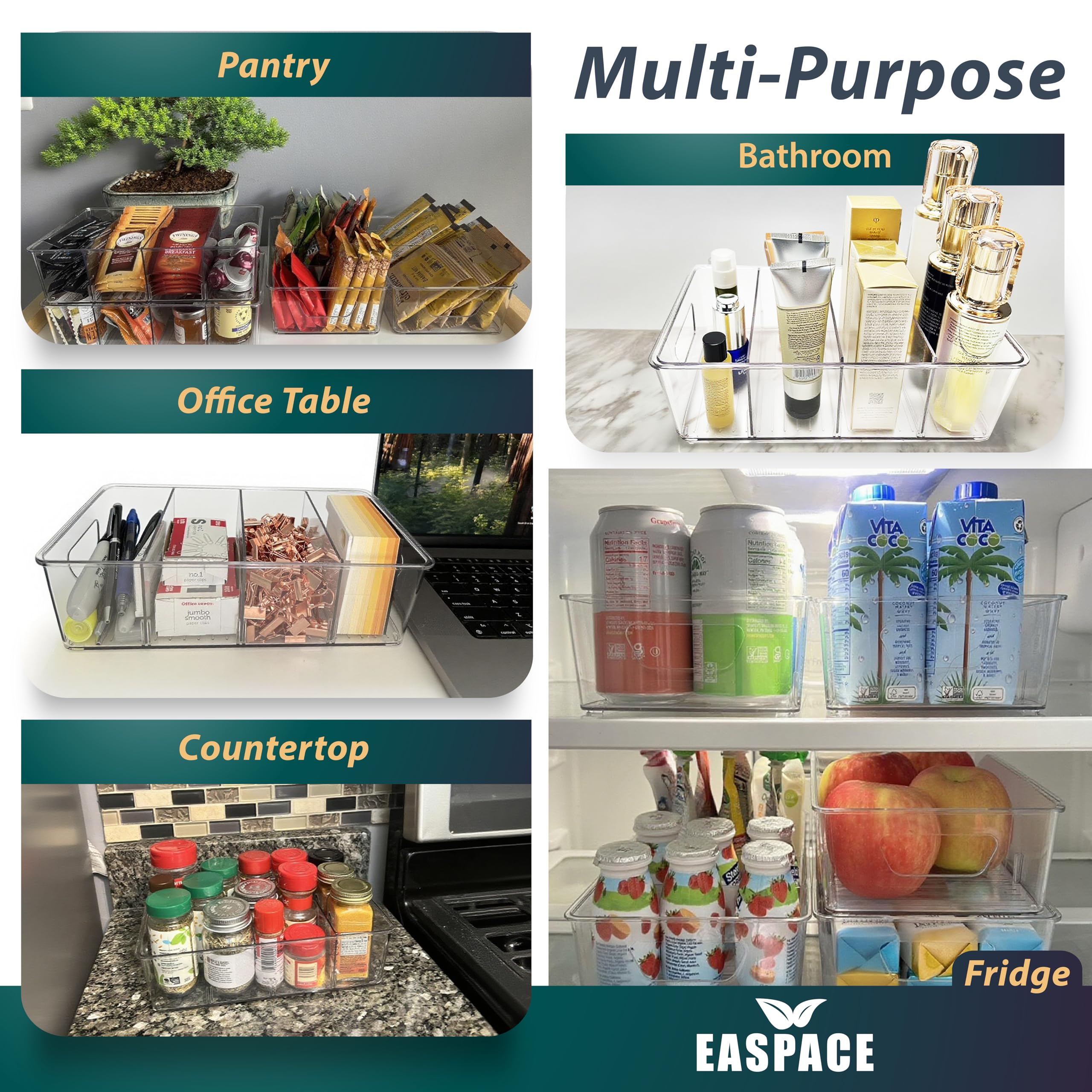 EASPACE 4-Pack Pantry Organizer Bins – Clear Storage Containers for Pantry, Kitchen, Fridge, Cabinet, or Shelf – Perfect for Snacks, Food, Drinks & Multi Purpose