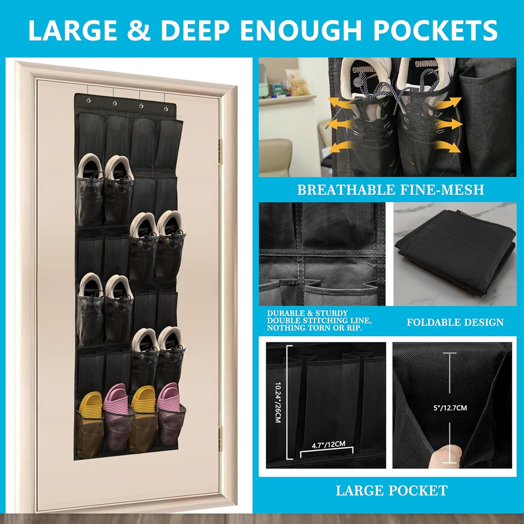 SimpleHouseware Over The Door Shoe Organizer - 24 Large Mesh Pockets for Sturdy Storage | Black