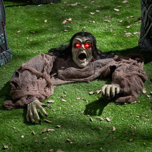 JOYIN Halloween Zombie Decorations Outdoor, Halloween Groundbreaker Outside Decor, Hanging Zombie Prop with Green Face and Lighted Eyes for Graveyard, Haunted House, Lawn, Yard, Indoor Decor