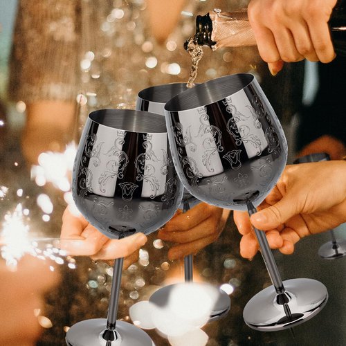 MeowvCraft Wine Glasses Stainless Steel Set of 4, 17oz Black Etched Goblets with Intricate Baroque Engravings, Royal Style Lightweight Shatterproof Wine Cups Gift for Home, Restaurant, Bar, Outdoor
