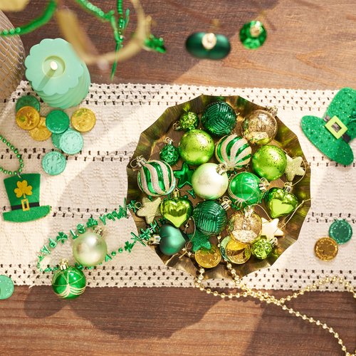 Valery Madelyn 28ct St. Patrick's Tree Decorations Ornaments Set, Green and Gold Shatterproof St. Patrick's Ball Ornaments Hanging Decor for Valentines Day, Mardi Gras, St Patricks Day