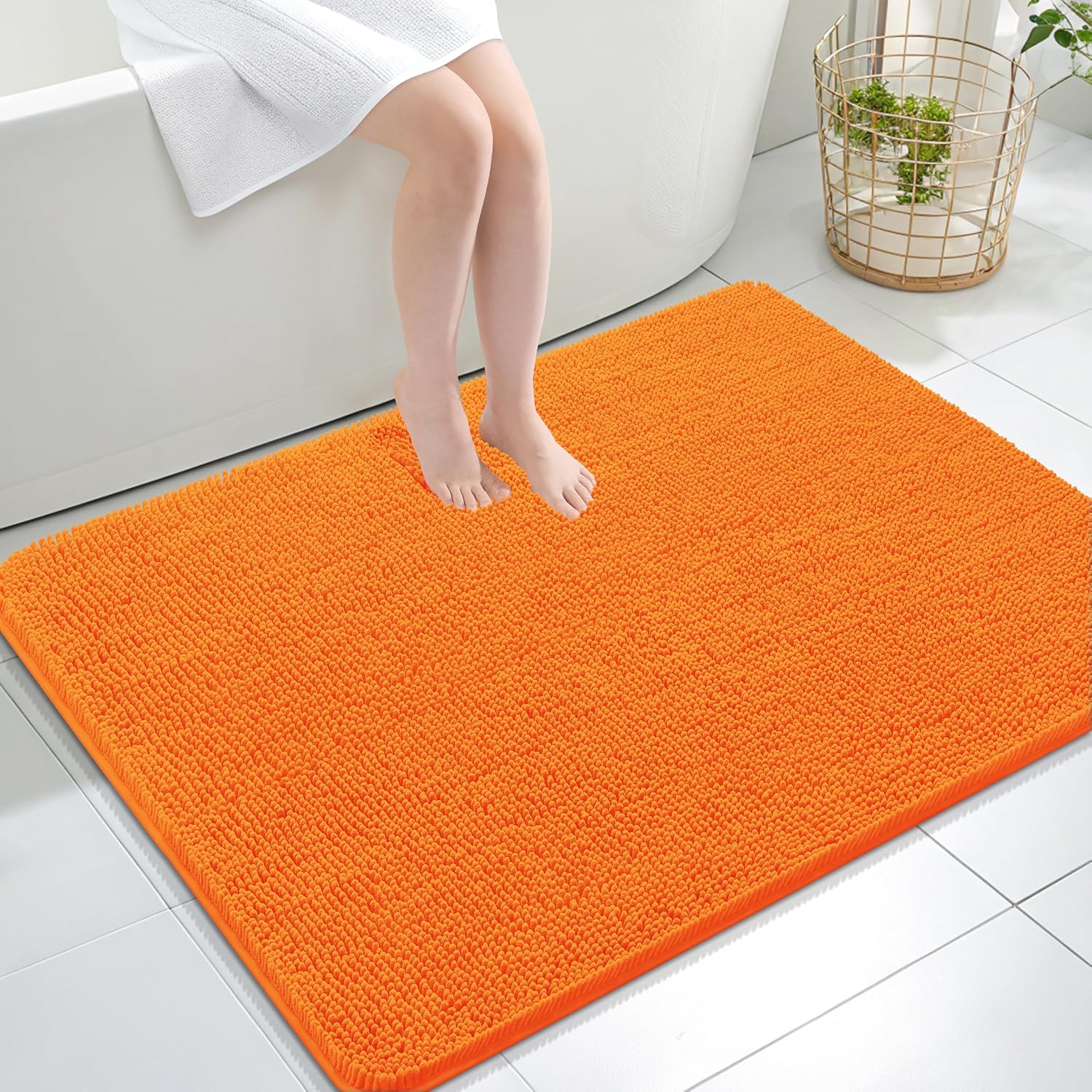 OLANLY Large Bath Rugs - Extra Soft Chenille, Quick Dry & Machine Washable | 40x32, Orange