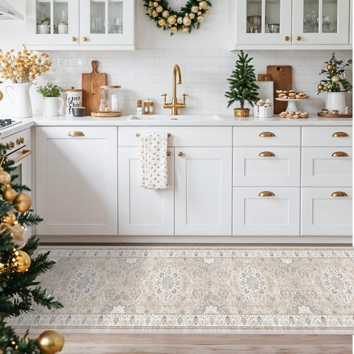 Hallway Washable Runner Rug - Vintage Soft Non-Slip 2x10 Entryway Carpet | Ideal for Kitchen, Living Room, Bathroom (Beige)