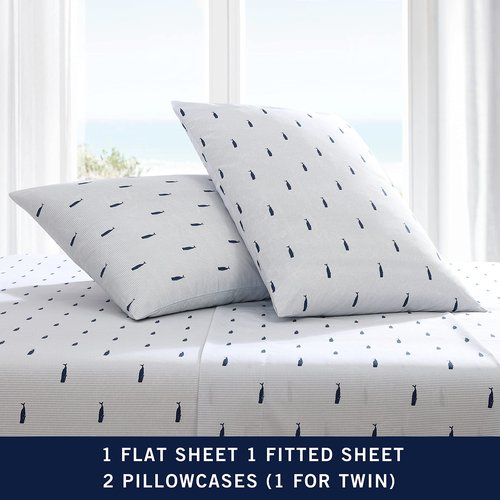 Nautica - Full Size Sheet Sets, Cotton Percale Bedding, Crisp & Cool, Coastal Home Decor (Whale Stripe Blue, Full)