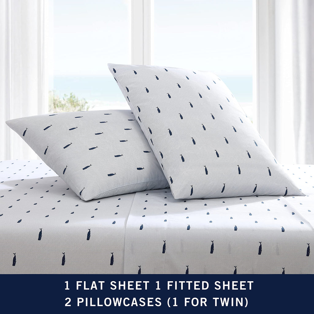 Nautica - Twin XL Size Sheet Set, Crisp Cotton Percale Bedding with Matching Pillowcase, Fully Elastic Fitted Sheet, Deep Pocket, Nautical Room Decor, Breathable All-Season Comfort (Whale Stripe Blue)