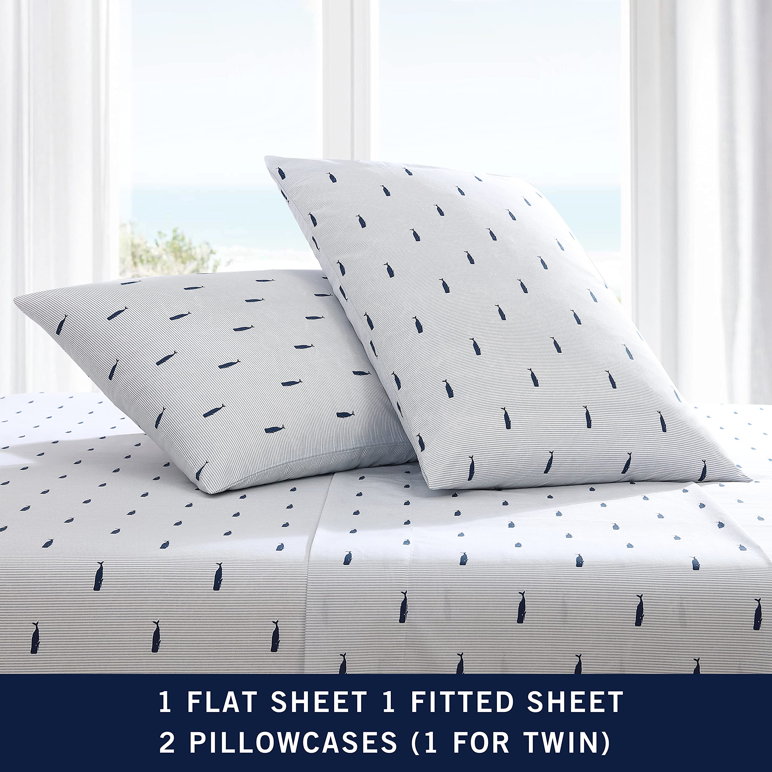 Nautica - Twin XL Size Sheet Set, Crisp Cotton Percale Bedding with Matching Pillowcase, Fully Elastic Fitted Sheet, Deep Pocket, Nautical Room Decor, Breathable All-Season Comfort (Whale Stripe Blue)