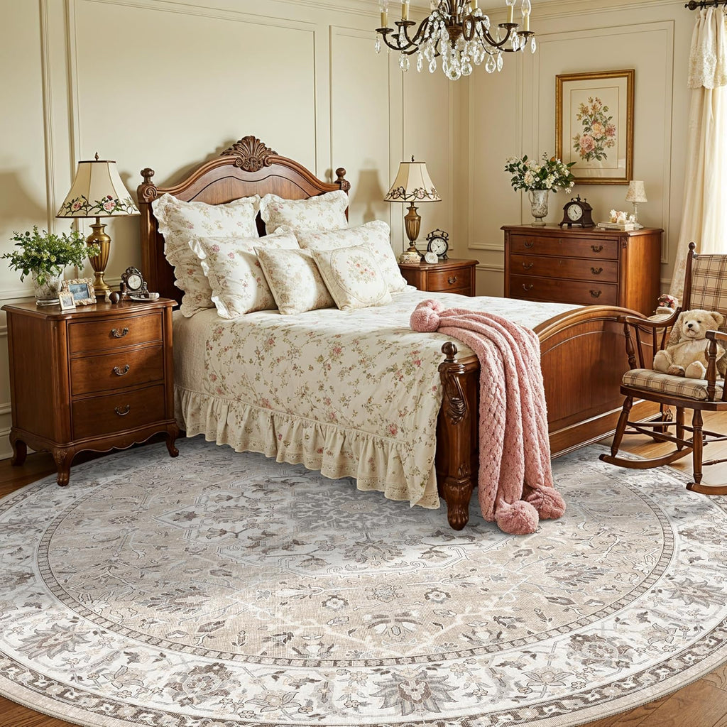Skiennix 7x7 Living Room Area Rug - Washable Soft Round Oriental Print | Non-Slip, Stain Resistant Beige Mat
