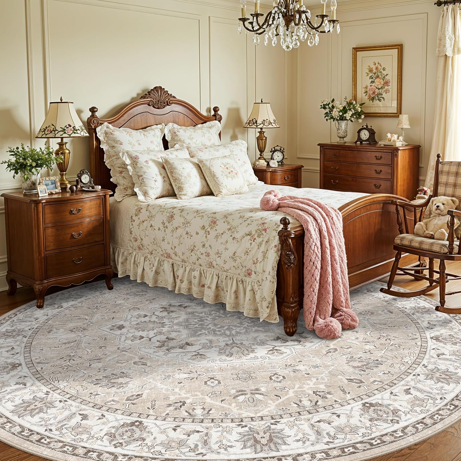Skiennix Washable 6ft Circle Rug - Soft Low-Pile Area Rug for Living Room, Bedroom, Nursery | Beige