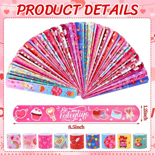OCTERIC 64 Pcs Valentine's Day Slap Bracelets with Rubber Wristbands, Love Cute Valentine Exchange Gifts for Classroom Party Favors Valentine Decorations School Prizes