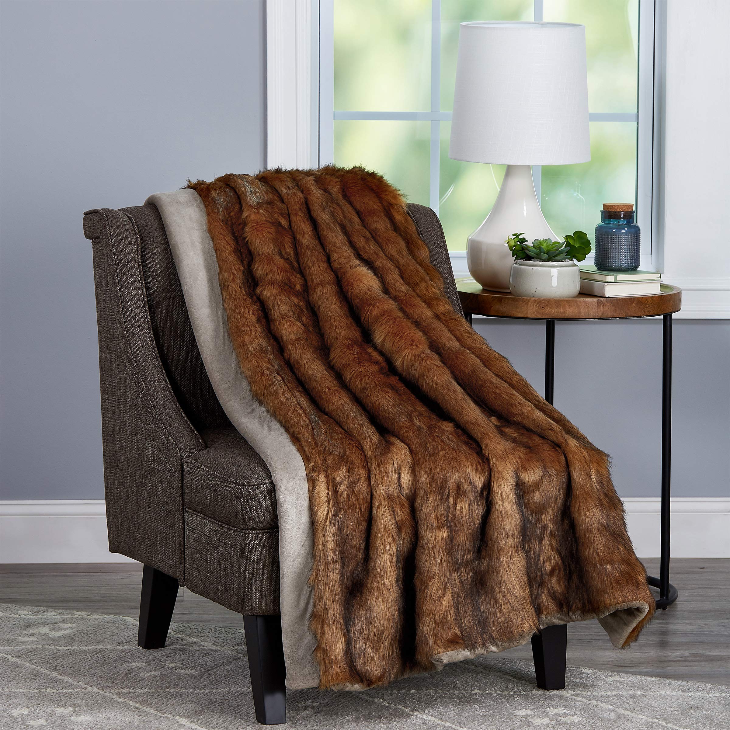 Faux Fur Throw Blanket- Luxurious, Soft, Hypoallergenic Premium Faux Chinchilla Fur Blanket with Faux Mink Back and Gift Box, 60"x70" by LHC (Brown)