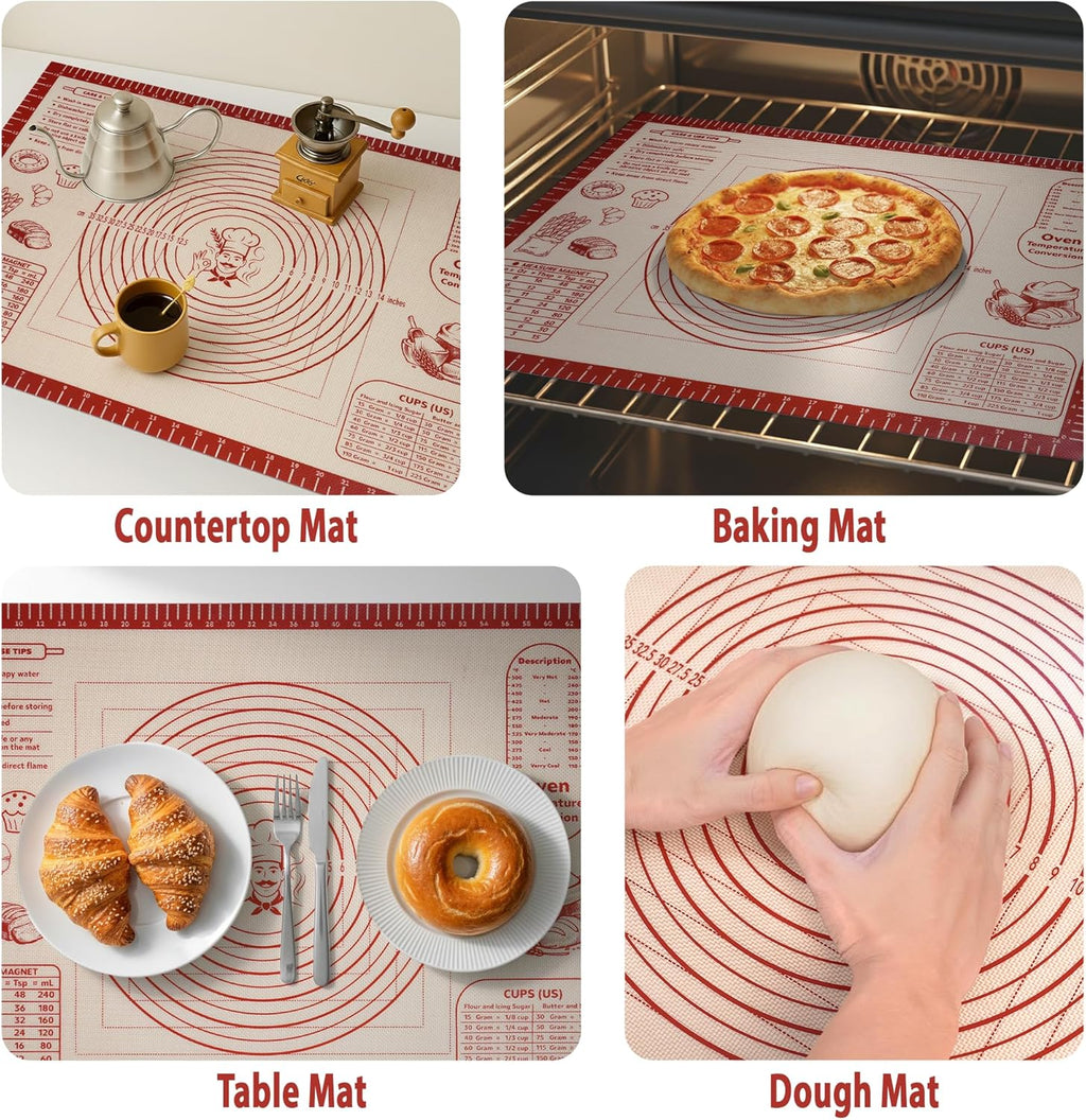Skiennix Silicone Baking Mat - Non-Slip Dough Rolling Mat with Measurement Guides | 20x28 Inch Reusable Kneading Board for Bread, Pizza, Cookies, Fondant