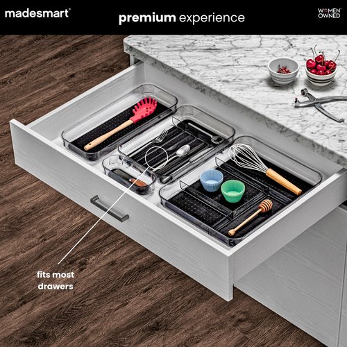madesmart Premium Small Clear Silverware Tray, 5 Compartment Flatware Organizer for Forks, Knives & Spoons, Non Slip Base, Carbon