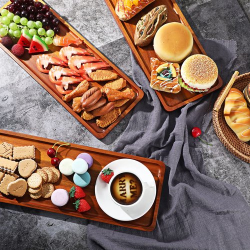 10 Pack Solid Wood Serving Trays 16.7 x 6.4 Inch Acacia Wooden Server Platter Rectangular Charcuterie Boards with Grooved Handle for Home Room Coffee Cheese Appetizer Table Farmhouse Serving Decor