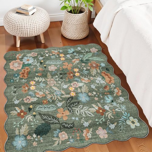 Floral Square Area Rug - Washable 5x5 Soft Carpet with Non-Slip Backing for Living Room & Bedroom