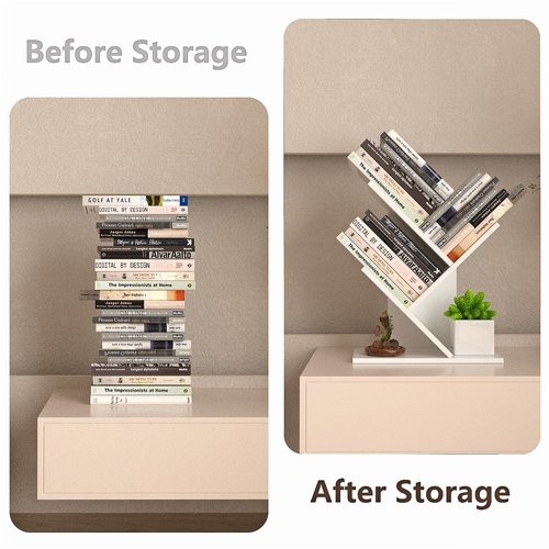 R RUISHENG 3 Tier Small Tree Bookshelf Storage Organizer Shelves Floor Standing Bookcase Desk Wood Storage Rack for Home Office Living Room Bedroom Display for Book Magazine CD manga Warm White