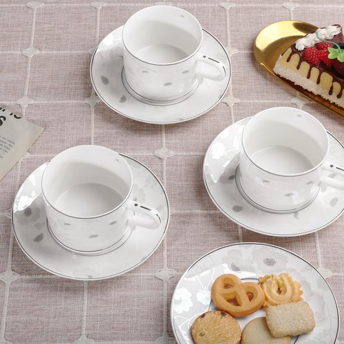 fanquare 7 Ounces Bone China Teacup and Saucer Set for 6, Silver Trimmed Peony Floral Porcelain Coffee Cup with Anti-Slip Design for Home Office Wedding