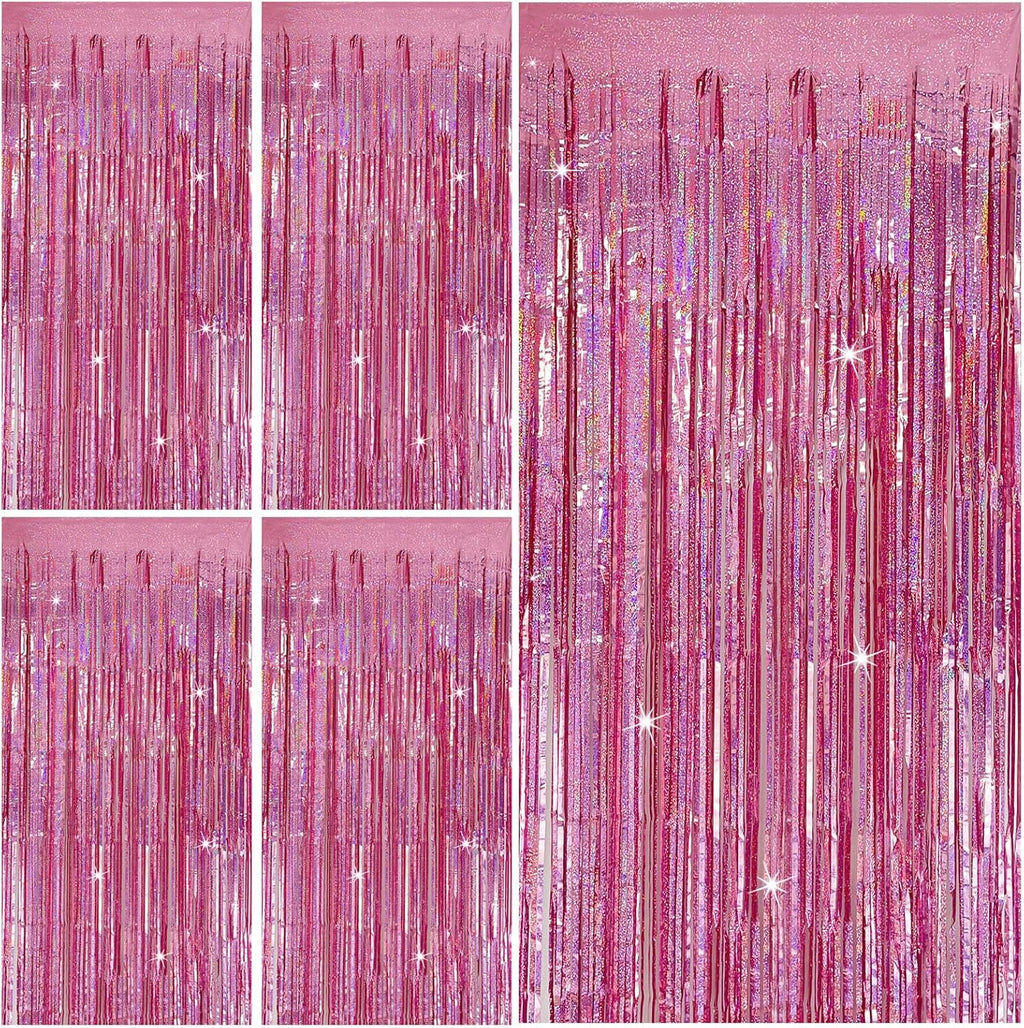 Skiennix Tinsel Curtain Backdrop - Pink Glitter Foil Fringe for Birthday & Party Decor | 5 Packs