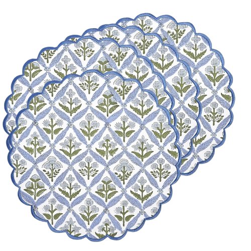 Ridhi Light Steel Blue Bo-ho Round Place Mat Easter Floral Cotton Washable Placemats 15" Round Embroidery Block Print Table Mat Pack of 8-15 Inch Round