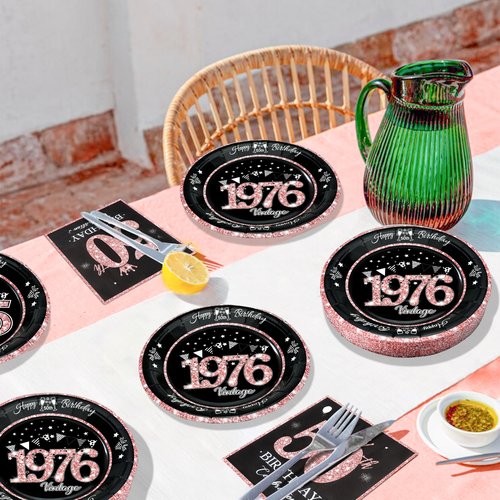algpty 60 PCS Vintage 50th Birthday Plates and Napkins Set, 50th Birthday Decorations Rose Gold, Service for 30, 1976 Birthday Dessert Plates and Napkins Party Supplies for Women