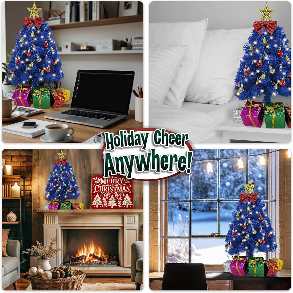 Small Blue Christmas Tree - 23 Inch Mini Tabletop Tree with Warm-White LED Lights & Ornaments