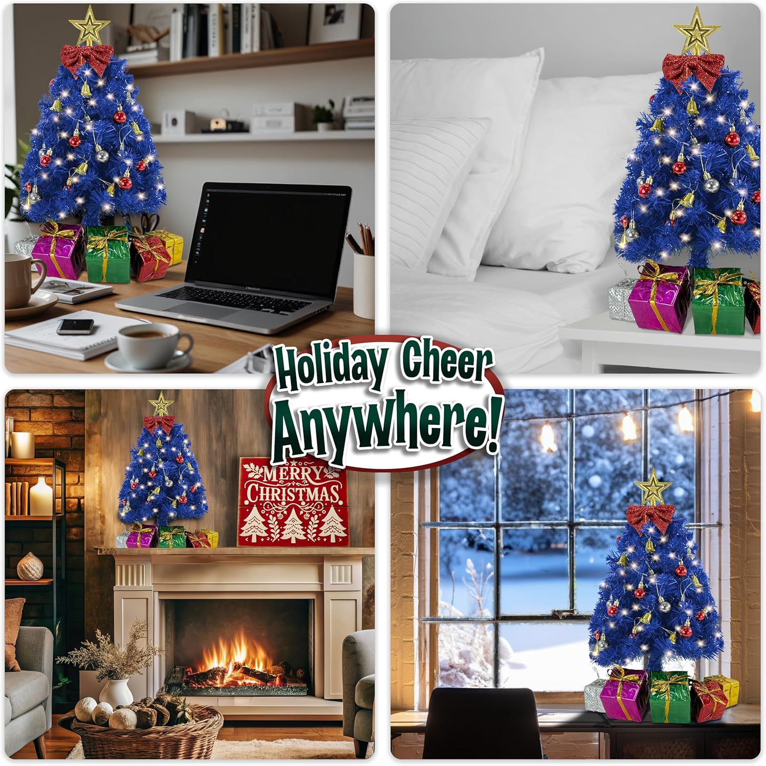 Small Blue Christmas Tree - 23 Inch Mini Tabletop Tree with Warm-White LED Lights & Ornaments