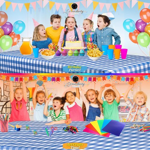 Grandipity Blue Gingham Checkered Tablecloths - Disposable 54" x 108" for 6ft to 8ft Rectangular Tables | 6 Pack Premium Quality