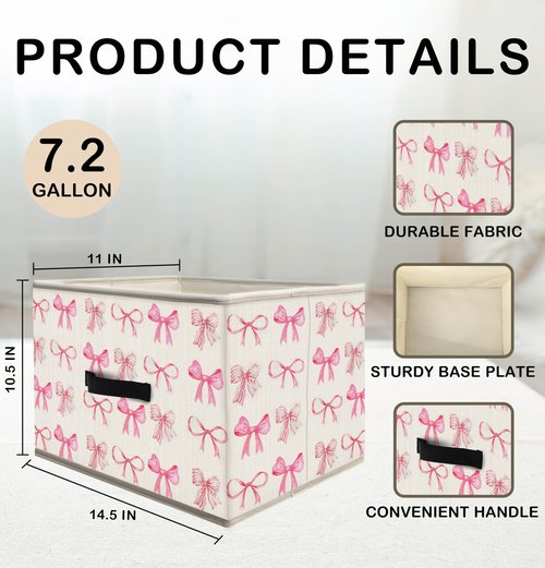 Nogrit Coquette Pink Bow Storage Bins Box, Toybox for Girls, Preppy Pink Foldable Baskets Organizer Container with Handles for Girls Bedroom Dorm Bathroom Clothes Toys Books