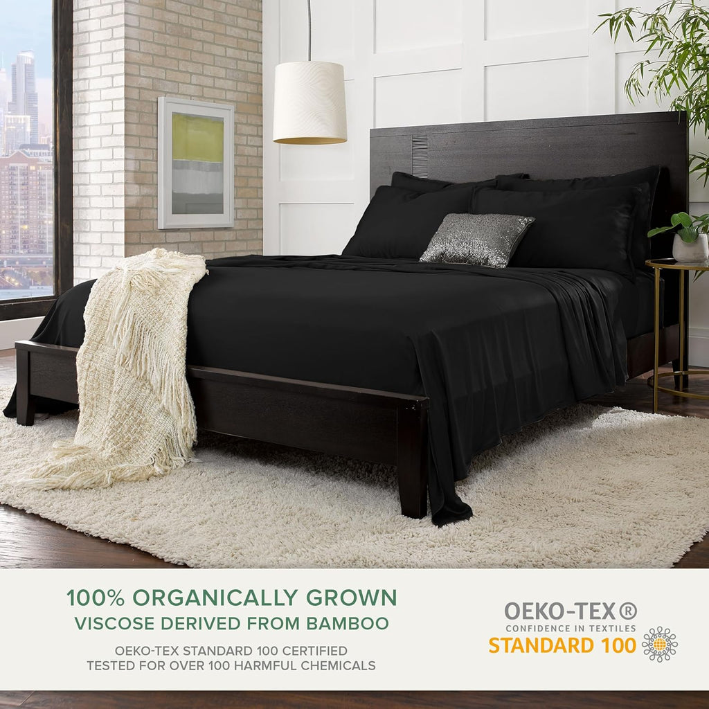Pure Bamboo Twin Sheets - Luxuriously Soft & Cooling 100% Organic Viscose Bed Sheet Set | Black, Double Stitching