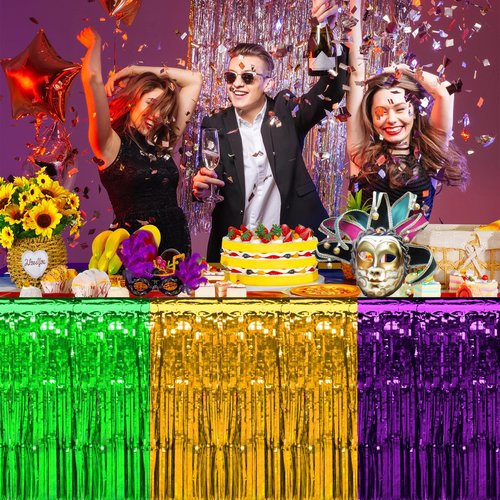 6 Pack Mardi Gras Table Skirt Decorations 30x118 Inch, Mardi Gras Purple Gold and Green Metallic Foil Fringe Tinsel Table Skirts, Mardi Gras Table Decorations for Mardi Gras Carnival Party Supplies