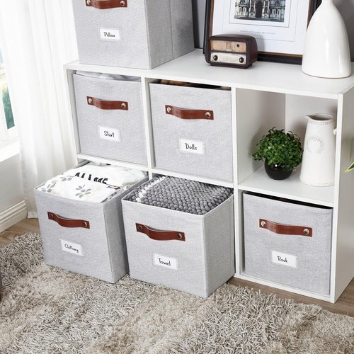 DECOMOMO Storage Bins - Fabric Cube Storage Bins with Labels for Shelves | 11" | 6pcs, Light Texture Grey