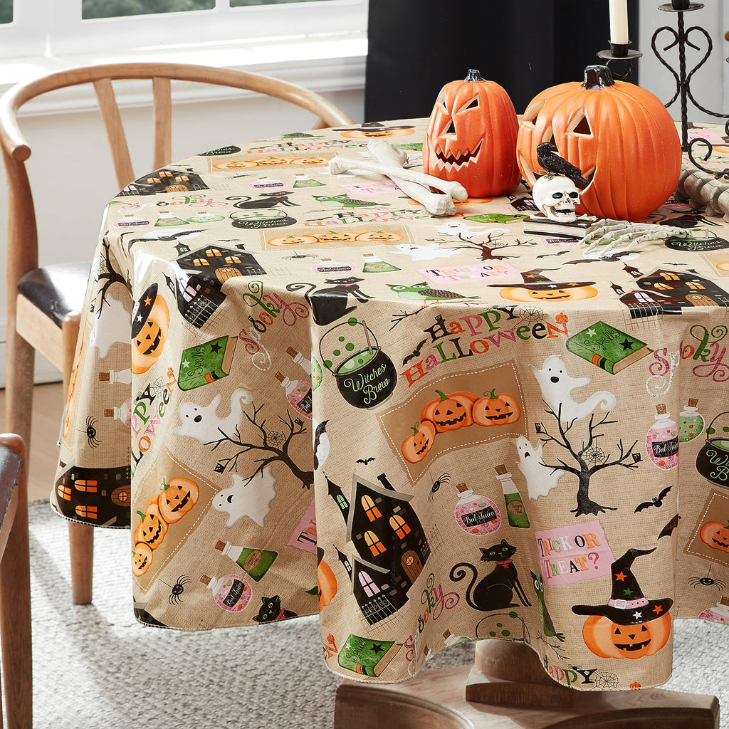 Newbridge Happy Halloween Witches Brew 60 x 84 Inch Oval Vinyl Tablecloth with Flannel Backing, Cute Ghost, Cat and Pumpkin Design, Easy Care Wipe Clean Halloween Table Cover