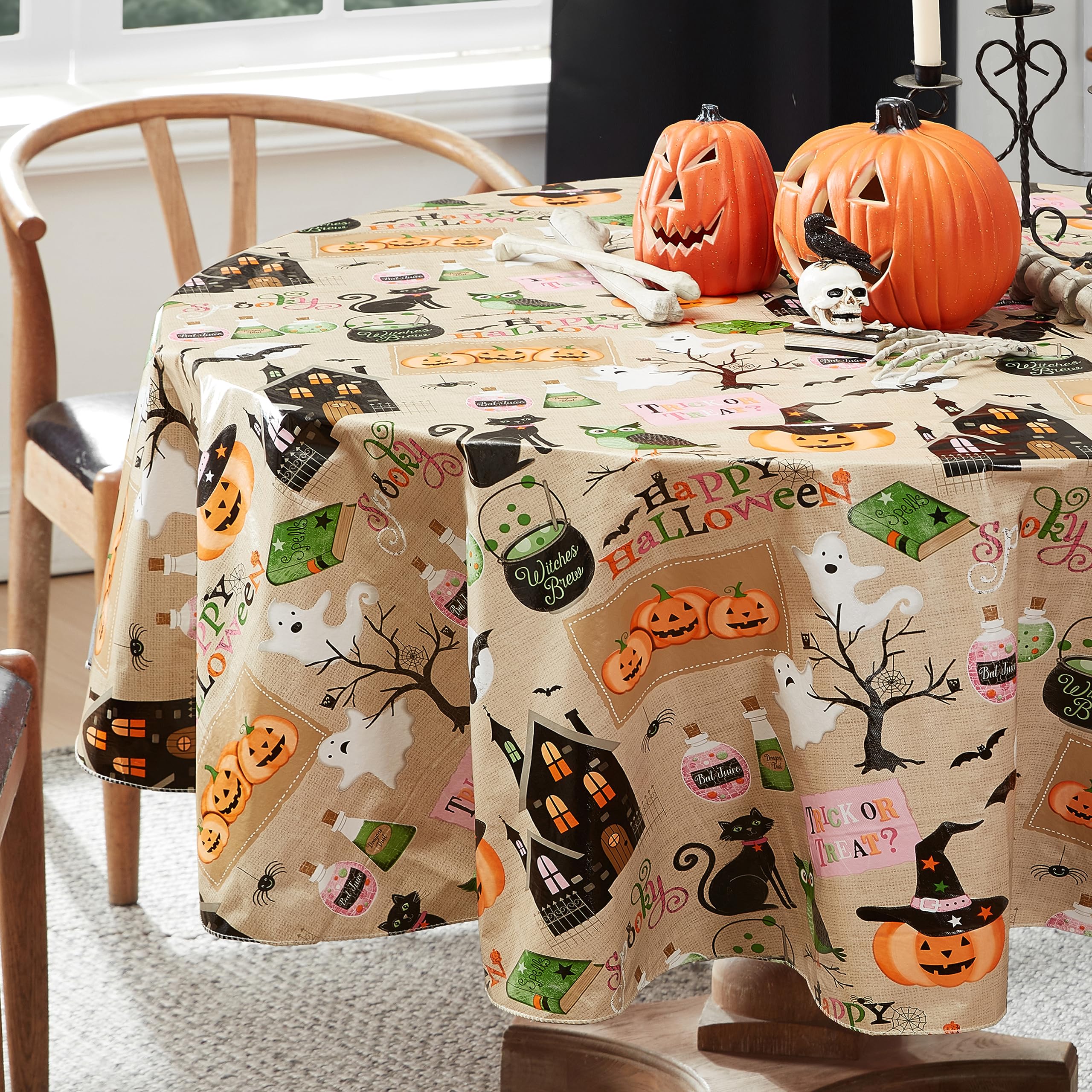 Newbridge Happy Halloween Witches Brew 60 x 84 Inch Oval Vinyl Tablecloth with Flannel Backing, Cute Ghost, Cat and Pumpkin Design, Easy Care Wipe Clean Halloween Table Cover
