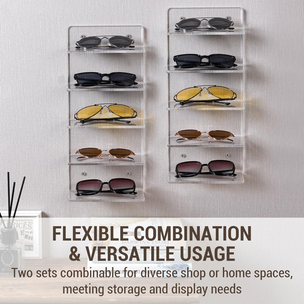 MyGift 5 Tier Clear Acrylic Sunglasses Holder Rack, Wall Mounted Eye Glasses Shelf or Tabletop Display Stand, Retail Eyewear Showcase Storage Organizer, Set of 2