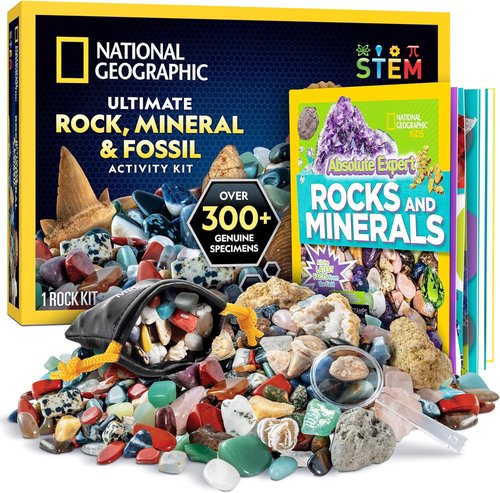 National Geographic Rock Collection Box for Kids - 300-Piece Set with Real Gemstones, Crystals & Minerals | Includes Expert Guide Book