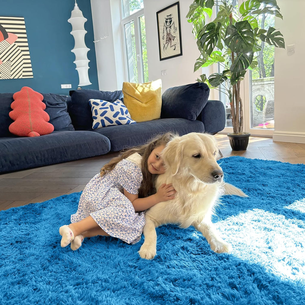 OLANLY Large Area Rug - Soft Fluffy Shaggy Carpet for Living Room & Bedroom | Bright Blue 9x12