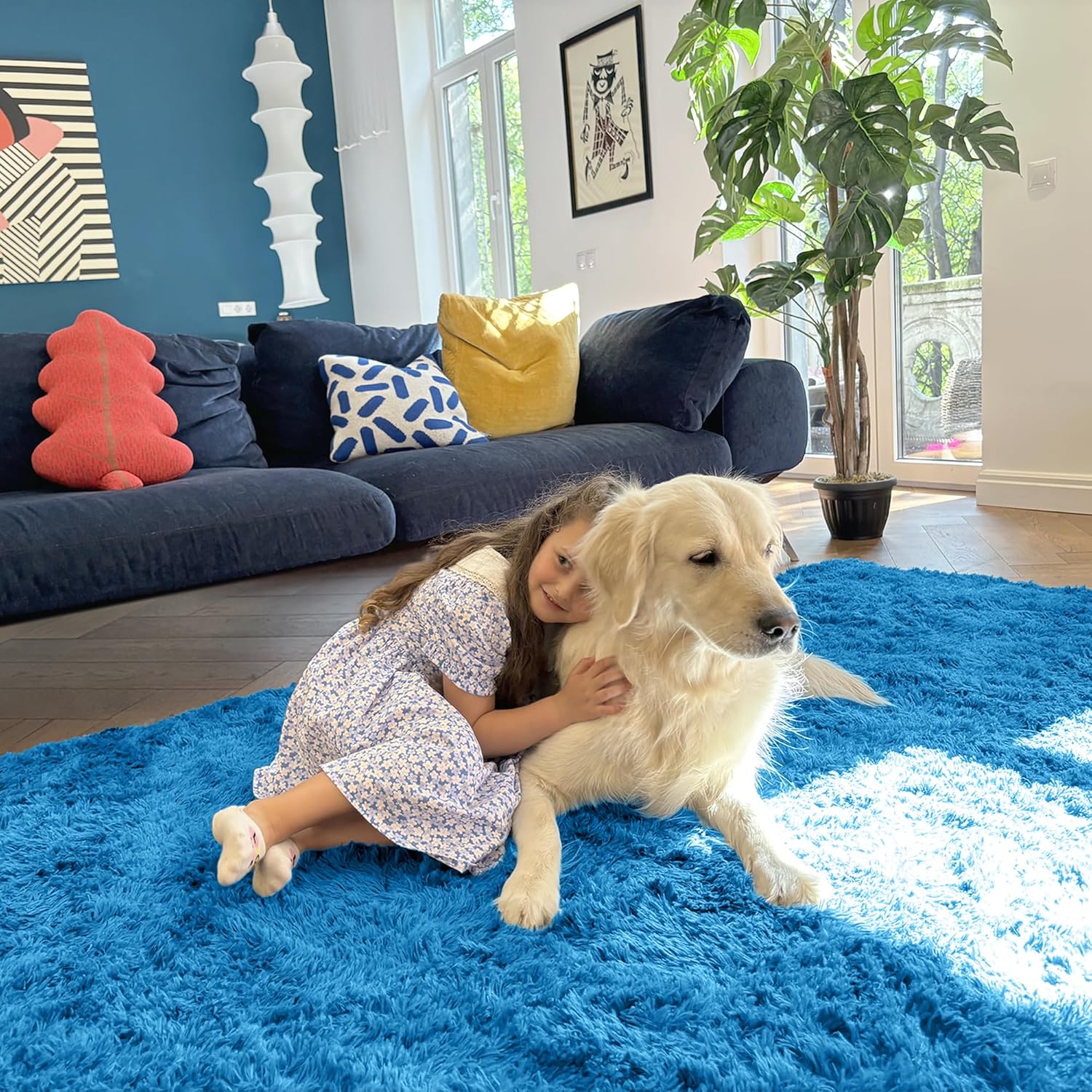 OLANLY Large Area Rug - Soft Fluffy Shaggy Carpet for Living Room & Bedroom | Bright Blue 9x12