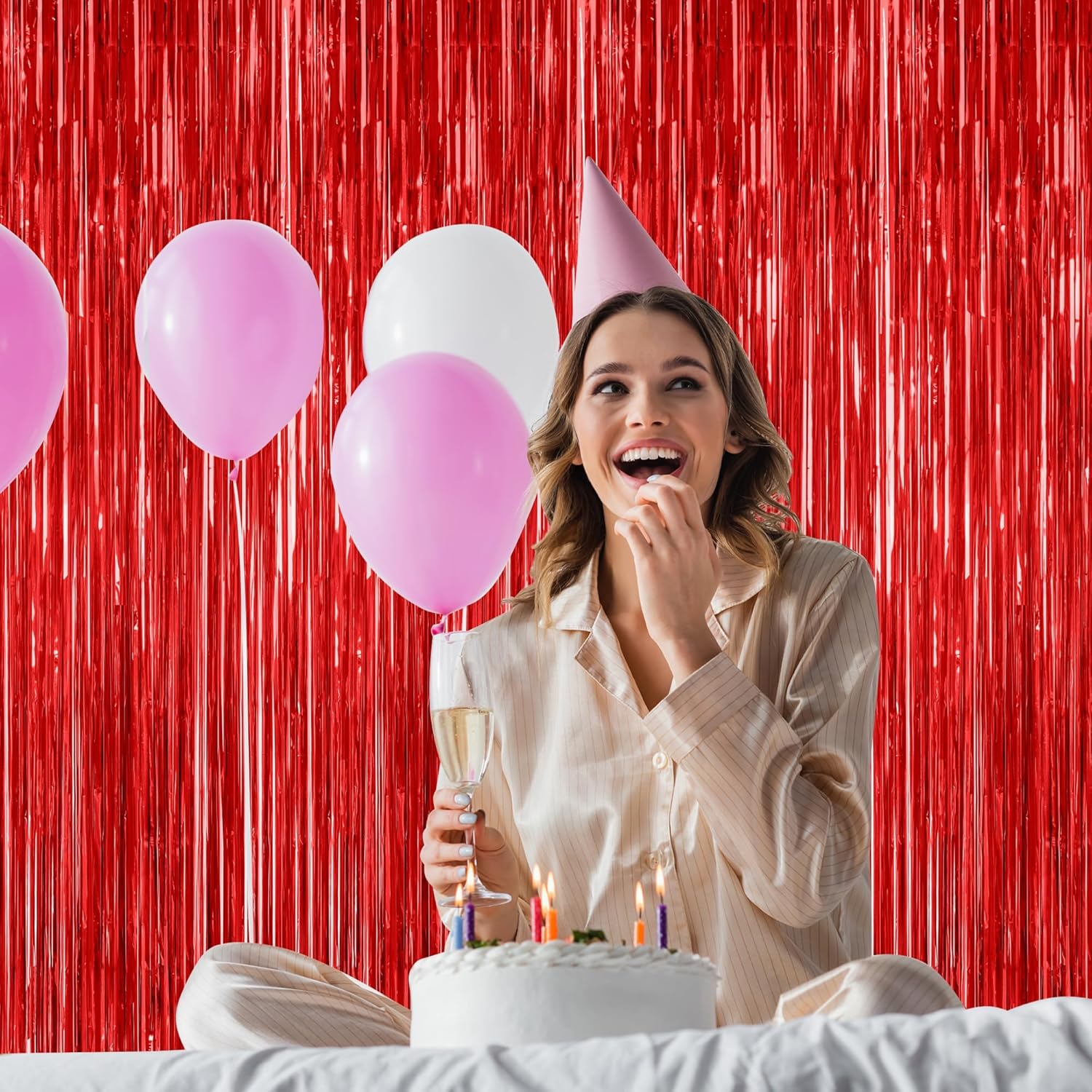 Skiennix Red Backdrop - 4 Pack Metallic Tinsel Curtains for Valentine's Day | 3.28 FT x 7.05 FT Party Decor