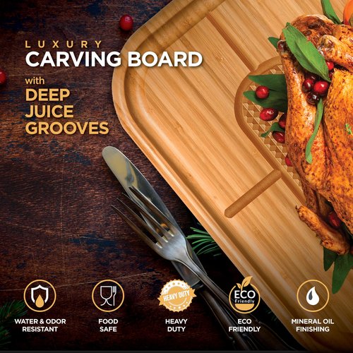 Extra Large Bamboo Meat Cutting Board, 18x13 Thick Reversible Butcher Block Carving Board with Deep Juice Groove, Non-Slip Center, Heavy Duty Chopping Block for Turkey, Steak, Brisket, BBQ & Poultry