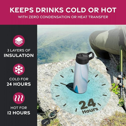FineDine Stainless Steel Insulated Water Bottle - 25 Oz | Keeps Drinks Hot or Cold - Exquisite Blue Marble
