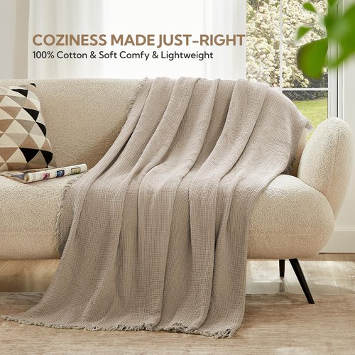 SOULFUL Muslin Throw Blanket with Tassels - Soft King Size Cotton Throw Blanket for Couch or Bed, Lightweight and Breathable Gauze for All Seasons, Light Tan, 108" x 90"