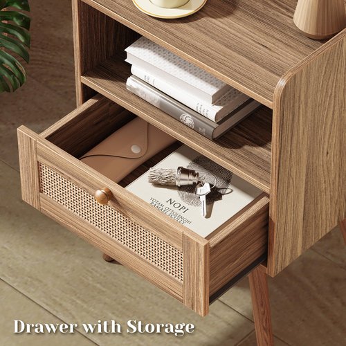 SUPERJARE Nightstands Set of 2, Night Stands with Charging Station & PE Rattan Decor Drawer, Bed Side Tables with Solid Wood Feet, End Table, for Bedroom, Living Room, Walnut